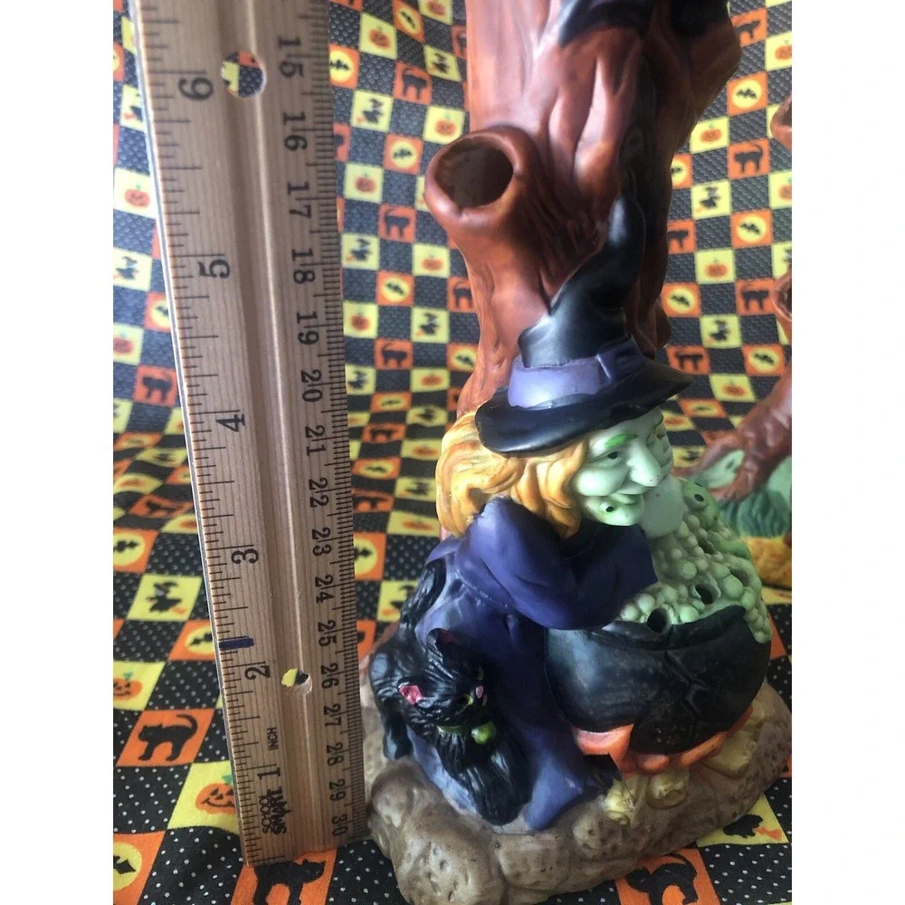 2  Ceramic Halloween Decoration Trees Witch & Frankenstein Orange Pumpkin Strand